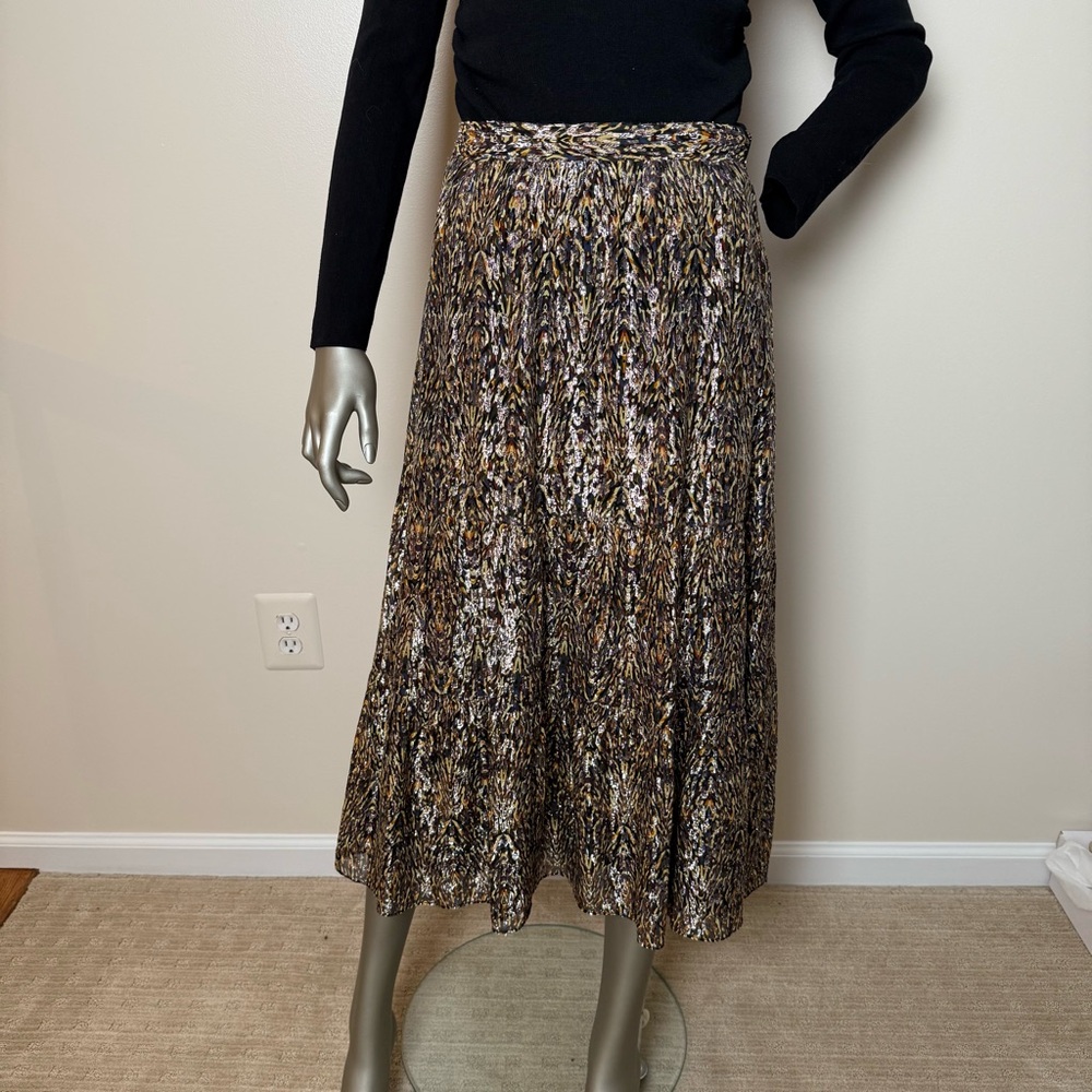 BA&SH Black Gold Silver Metallic Thread Shiny Skirt Midi Holiday Party size S